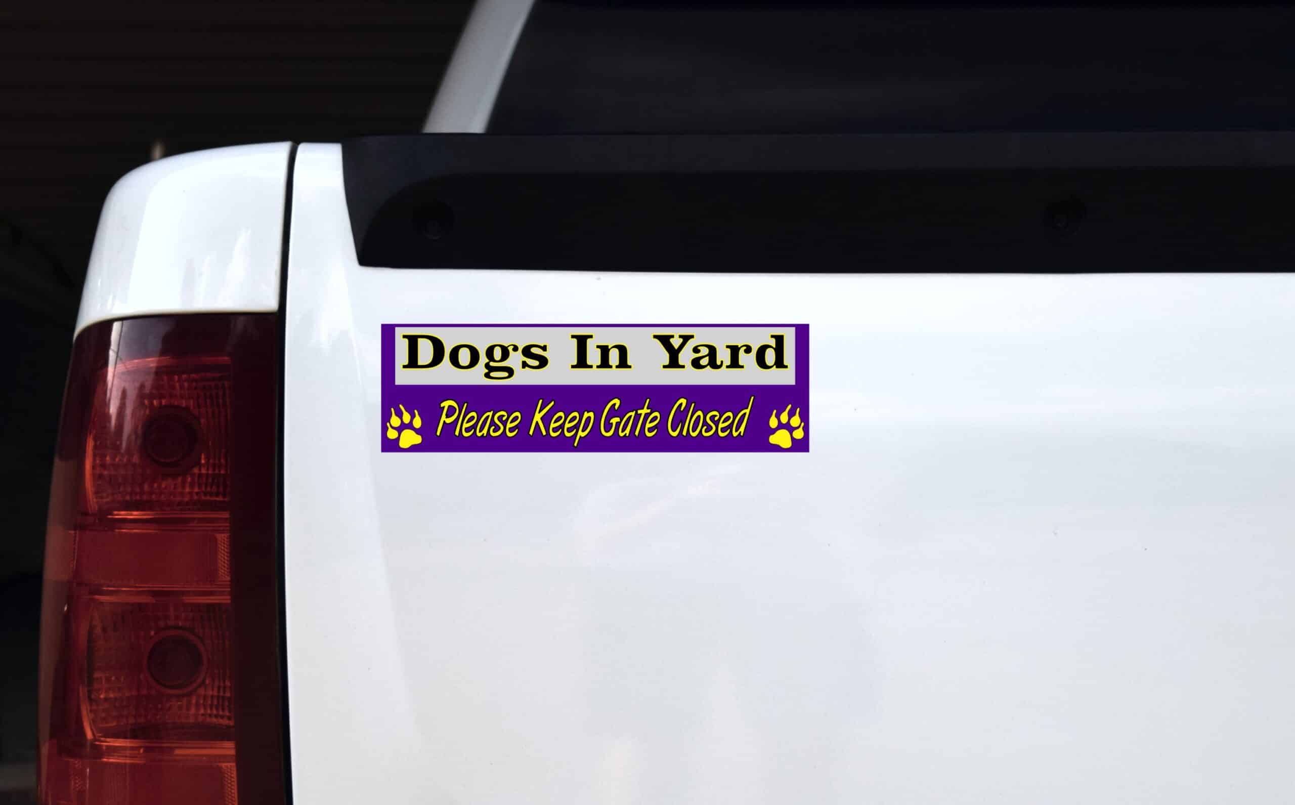 10in x 3in Dogs In Yard Please Keep Gate Closed Purple Bumper Sticker Vinyl Window Decal