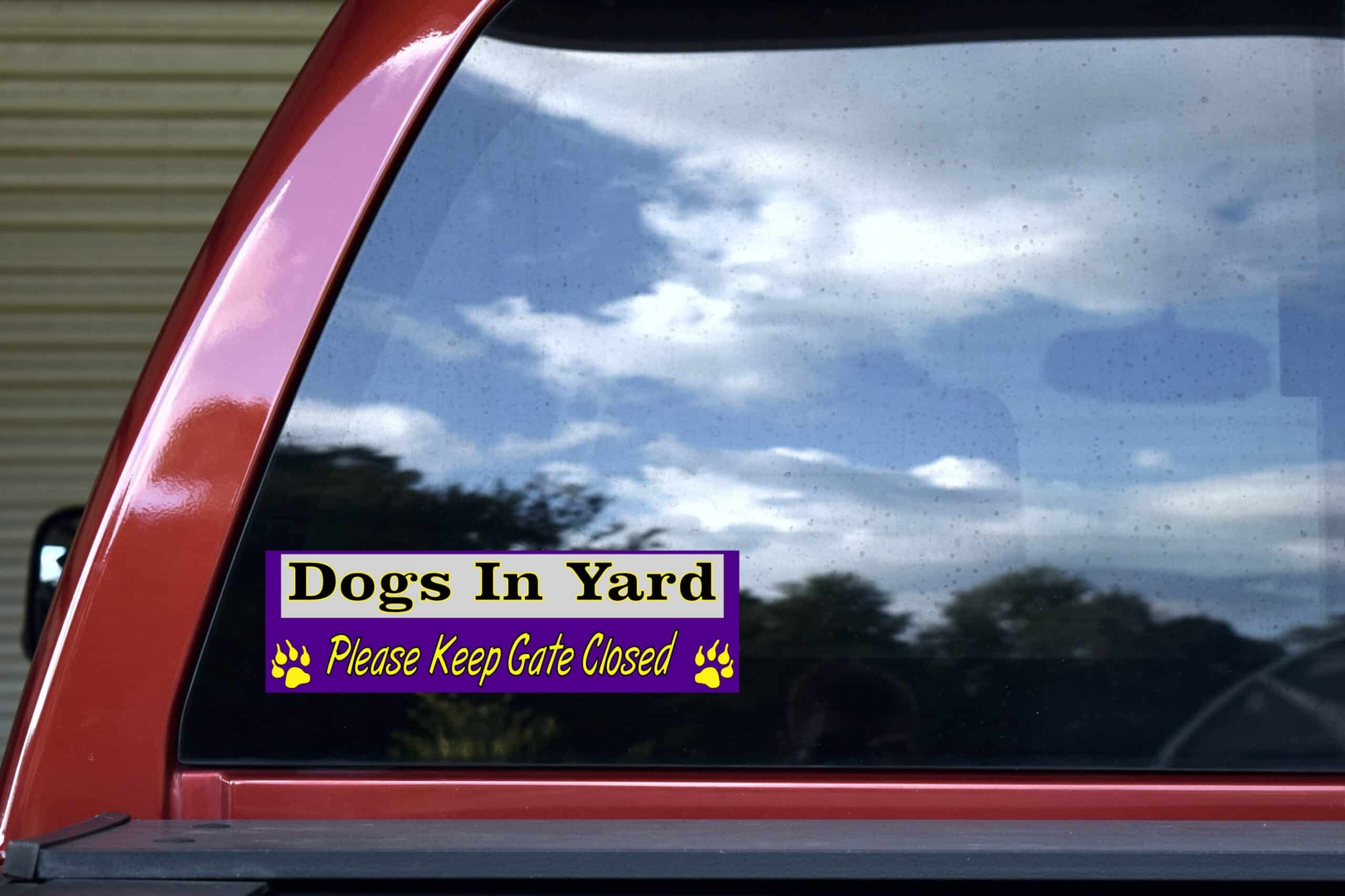 10in x 3in Dogs In Yard Please Keep Gate Closed Purple Bumper Sticker Vinyl Window Decal