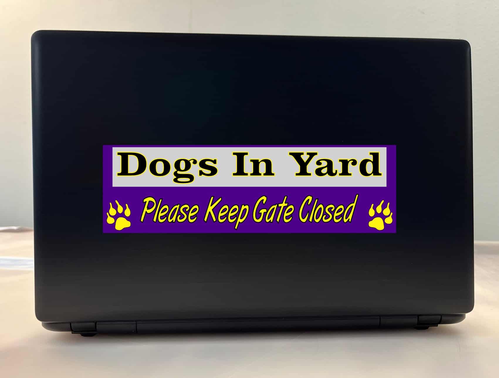 10in x 3in Dogs In Yard Please Keep Gate Closed Purple Bumper Sticker Vinyl Window Decal
