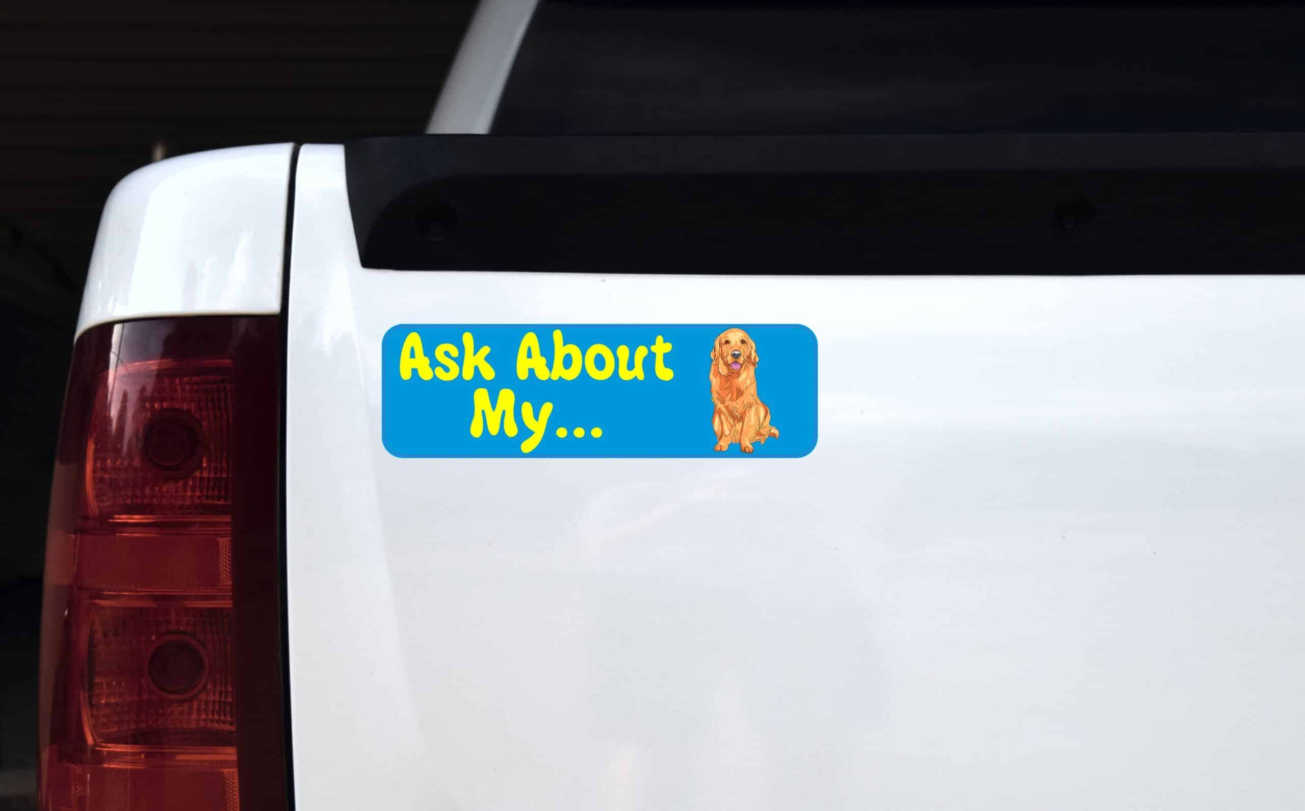10in x 3in Ask about Golden Retriever Dog art magnet bumper magnets