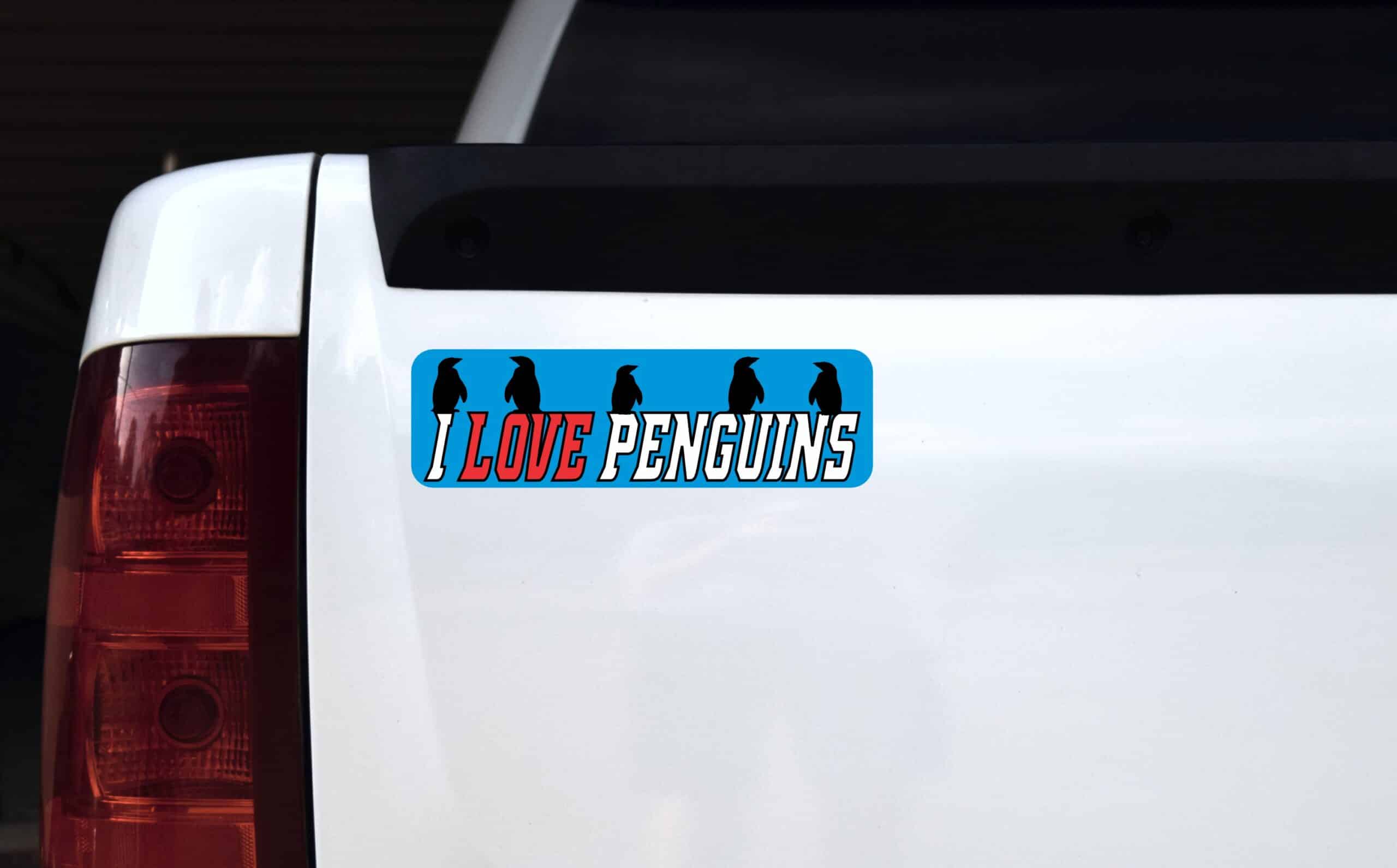 10in x 3in I Love Penguins Bumper Sticker Window Decal Vinyl Stickers Car Decals