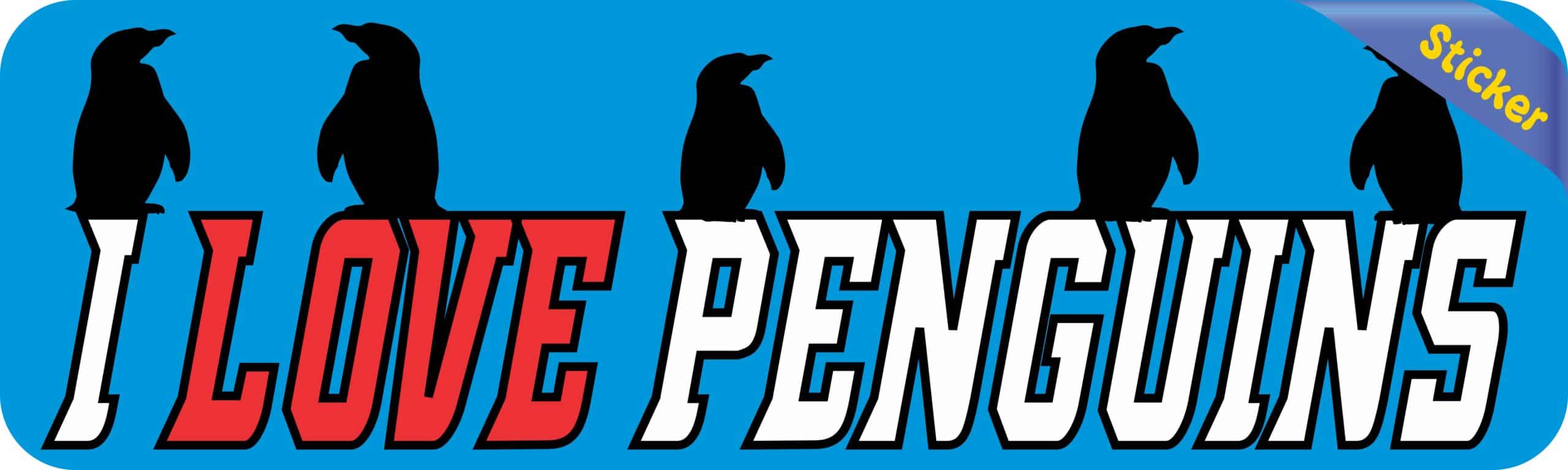 10in x 3in I Love Penguins Bumper Sticker Window Decal Vinyl Stickers Car Decals