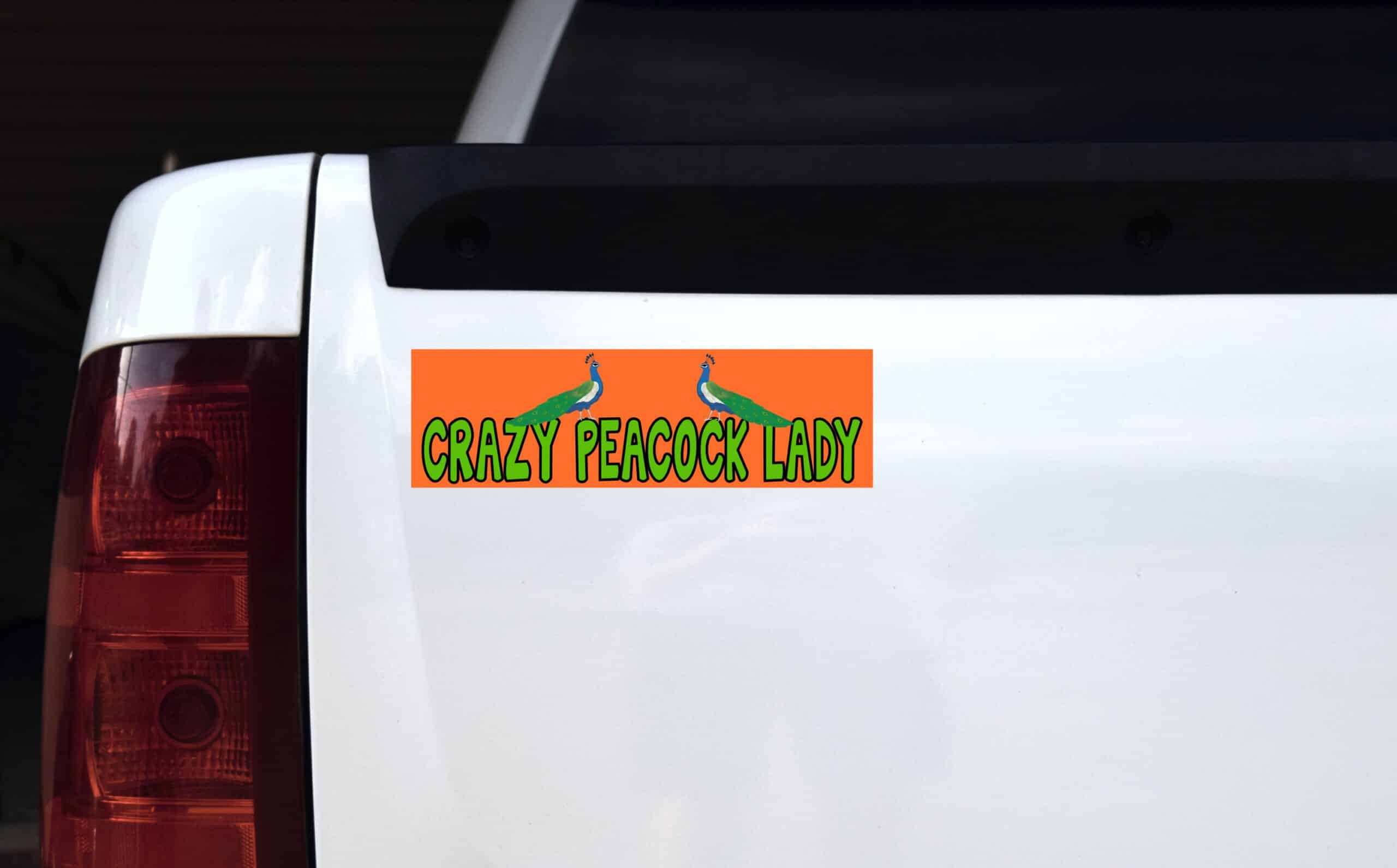 10in x 3in Crazy Peacock Lady Bumper Sticker Car Decal -