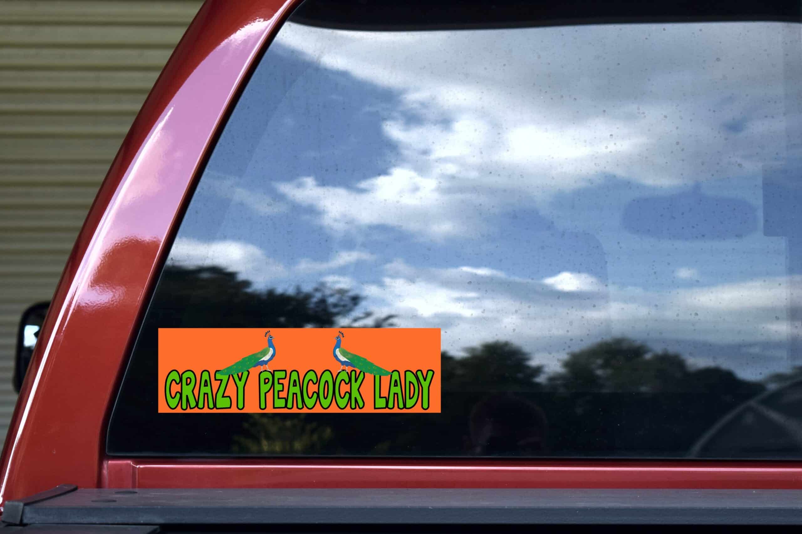 10in x 3in Crazy Peacock Lady Bumper Sticker Car Decal -