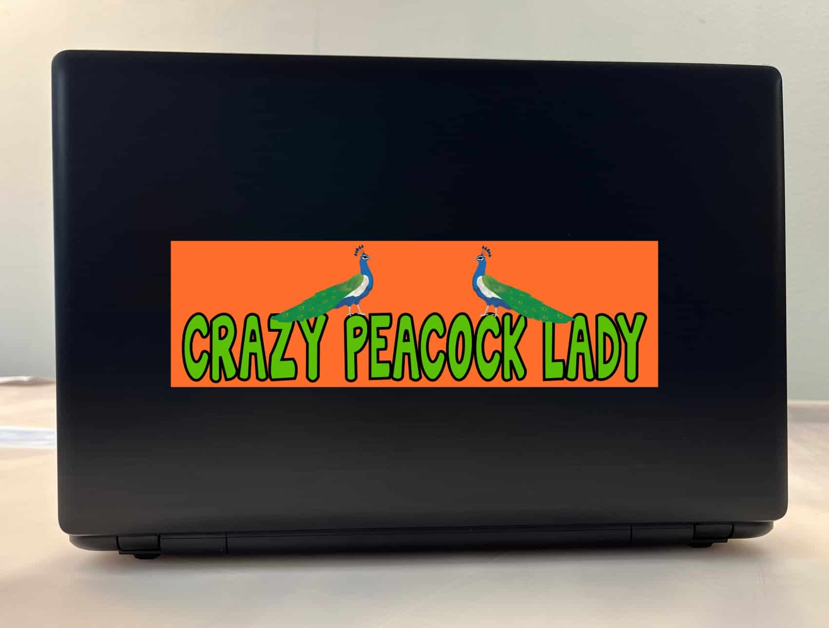 10in x 3in Crazy Peacock Lady Bumper Sticker Car Decal -