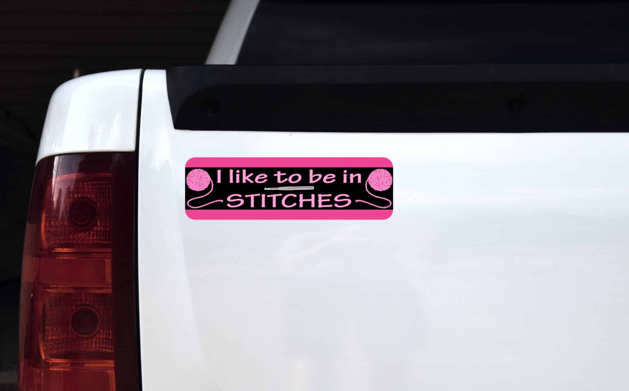 10in x 3in Pink I Like to Be in Stitches Bumper Sticker Vinyl Truck Window Decal