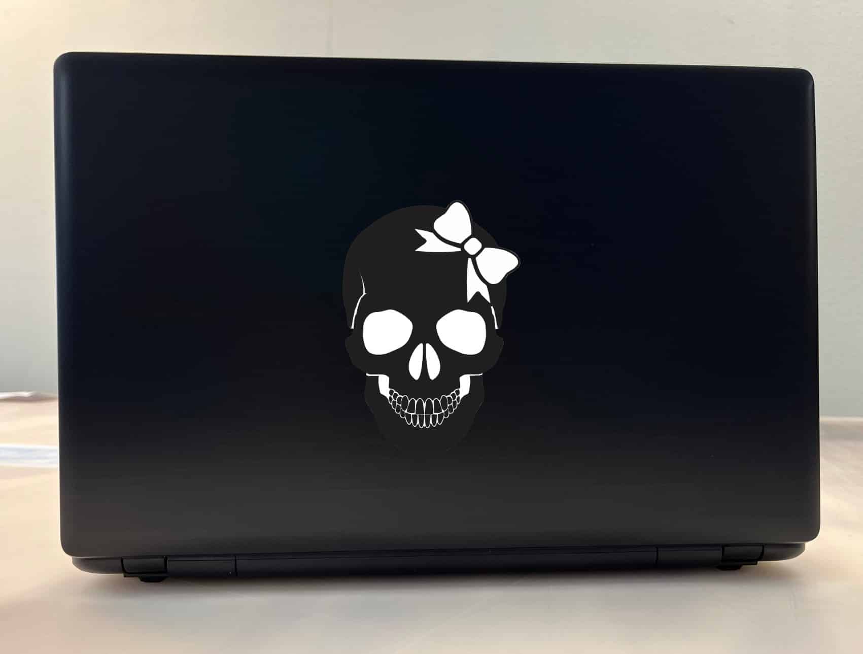 3.5in X 5in Black Skull with White Bow Bumper Sticker Vinyl Truck Window - Image 3