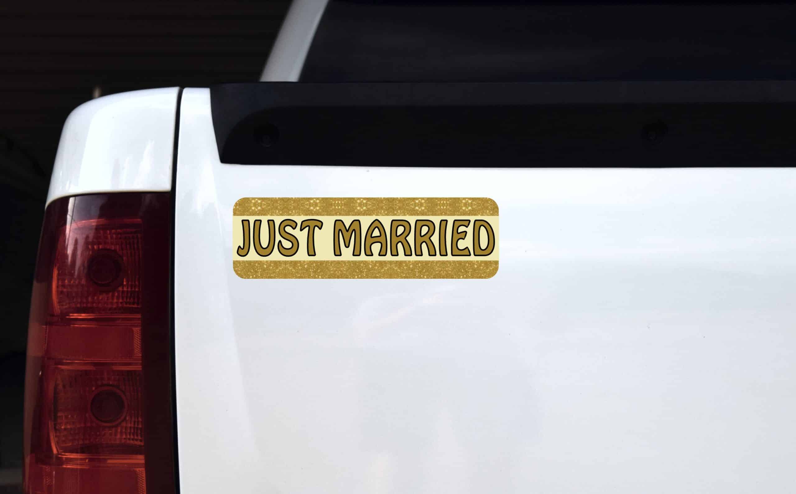 10in x 3in Gold Just Married Bumper Sticker Vinyl Truck Decal Ca