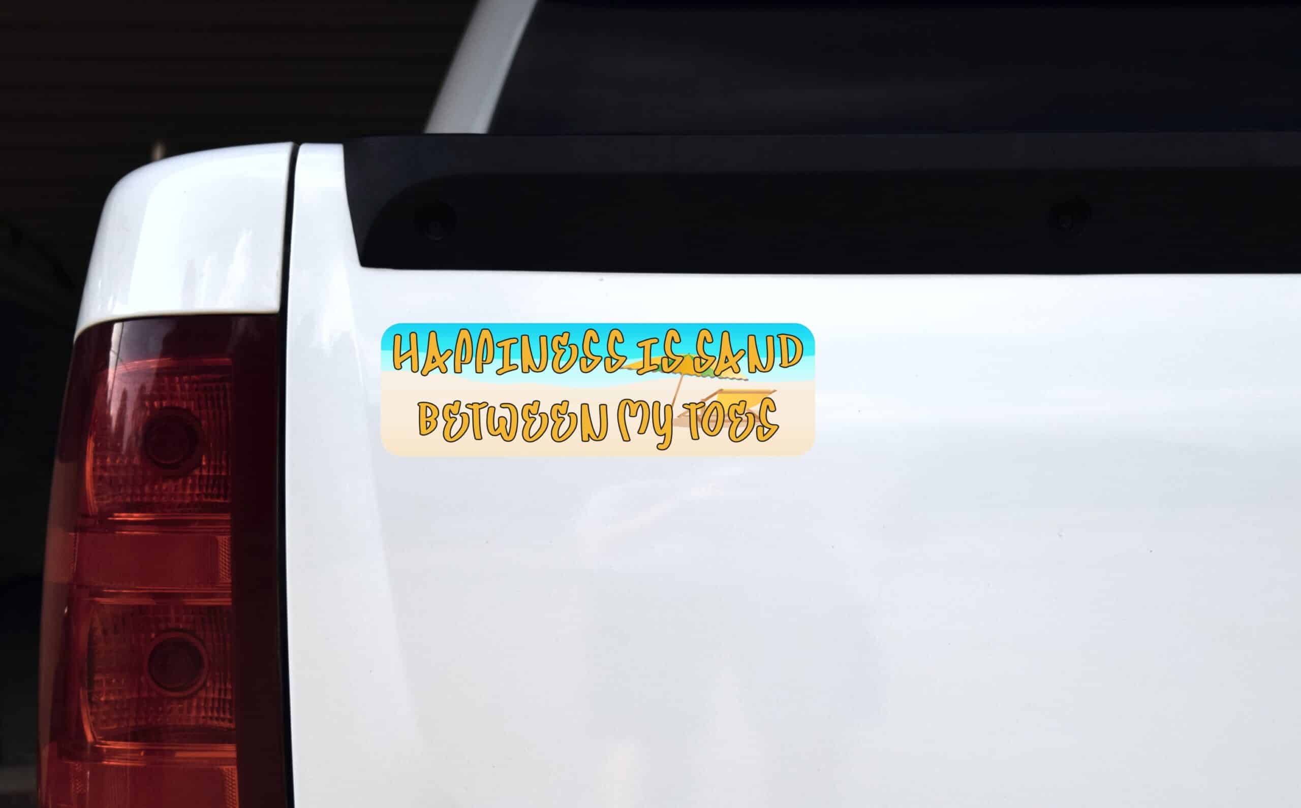 10in x 3in Happiness Is Sand Between My Toes Bumper Sticker Car Stickers
