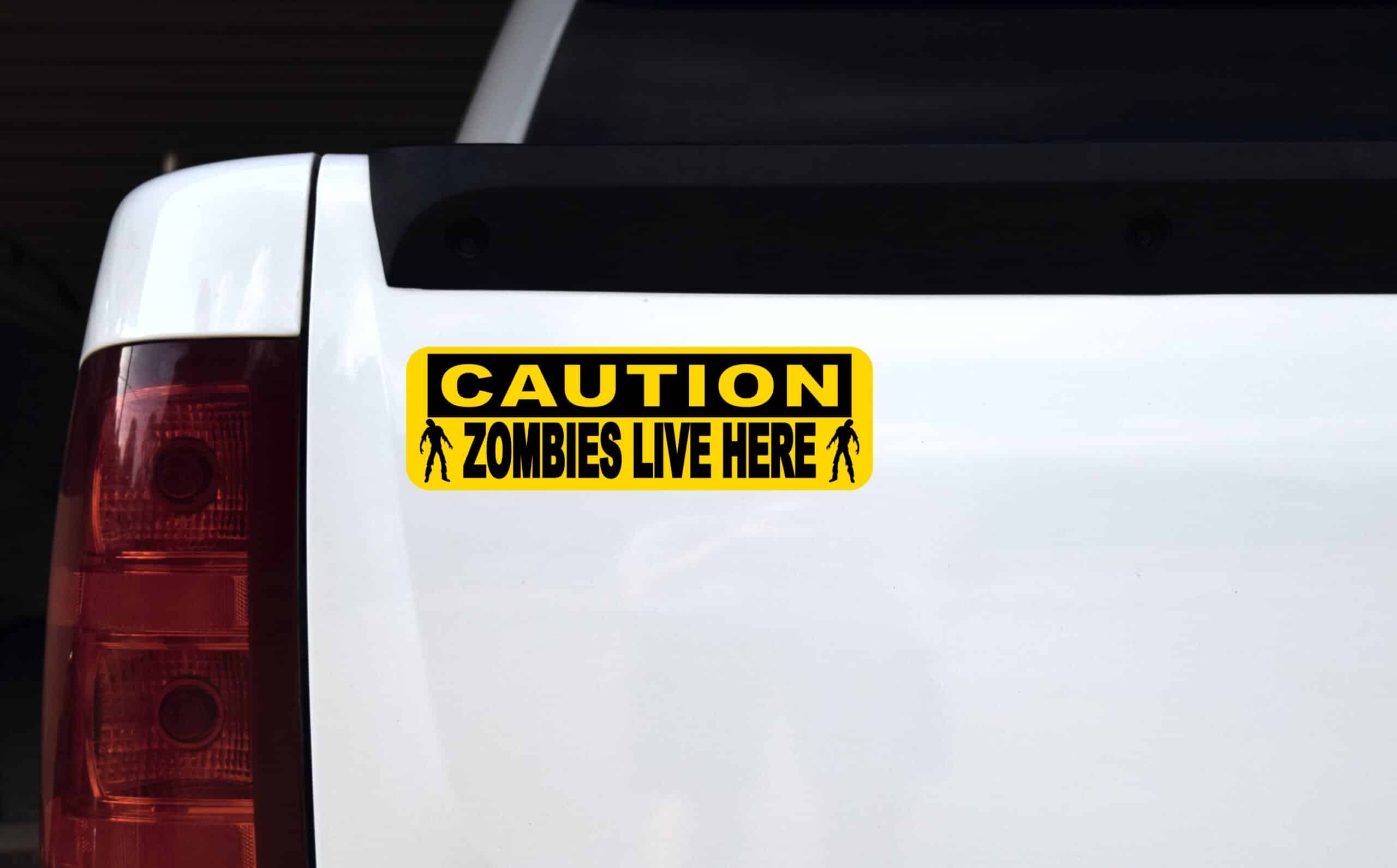 10in x 3in Caution Zombies Live Here Sticker Vinyl Halloween Stickers