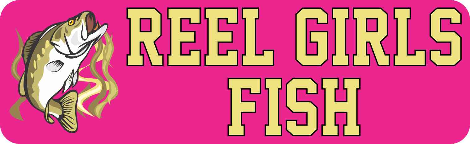 StickerTalk 10in x 3in Bass Reel Girls Fish Bumper Sticker Vinyl Fishing Decal Stickers