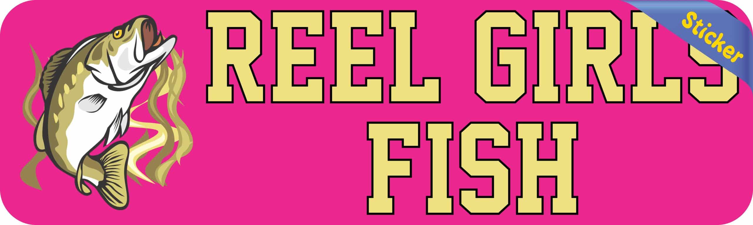 10in x 3in Bass Reel Girls Fish Bumper Sticker Vinyl Fishing Decal Stickers
