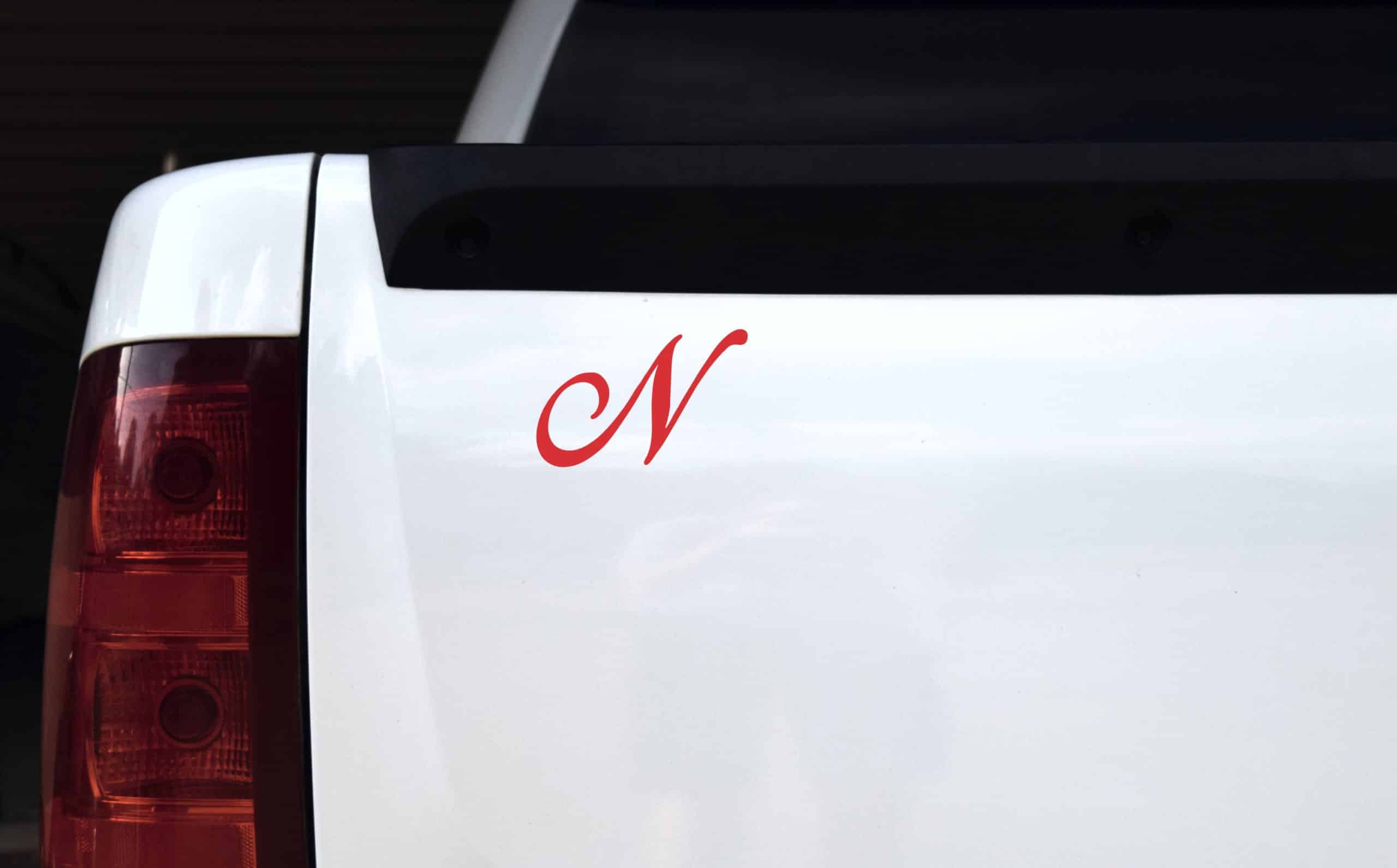 4.5in x 3in Red Cursive N Monogram Sticker Fancy Vinyl Vehicle Stickers - Image 4