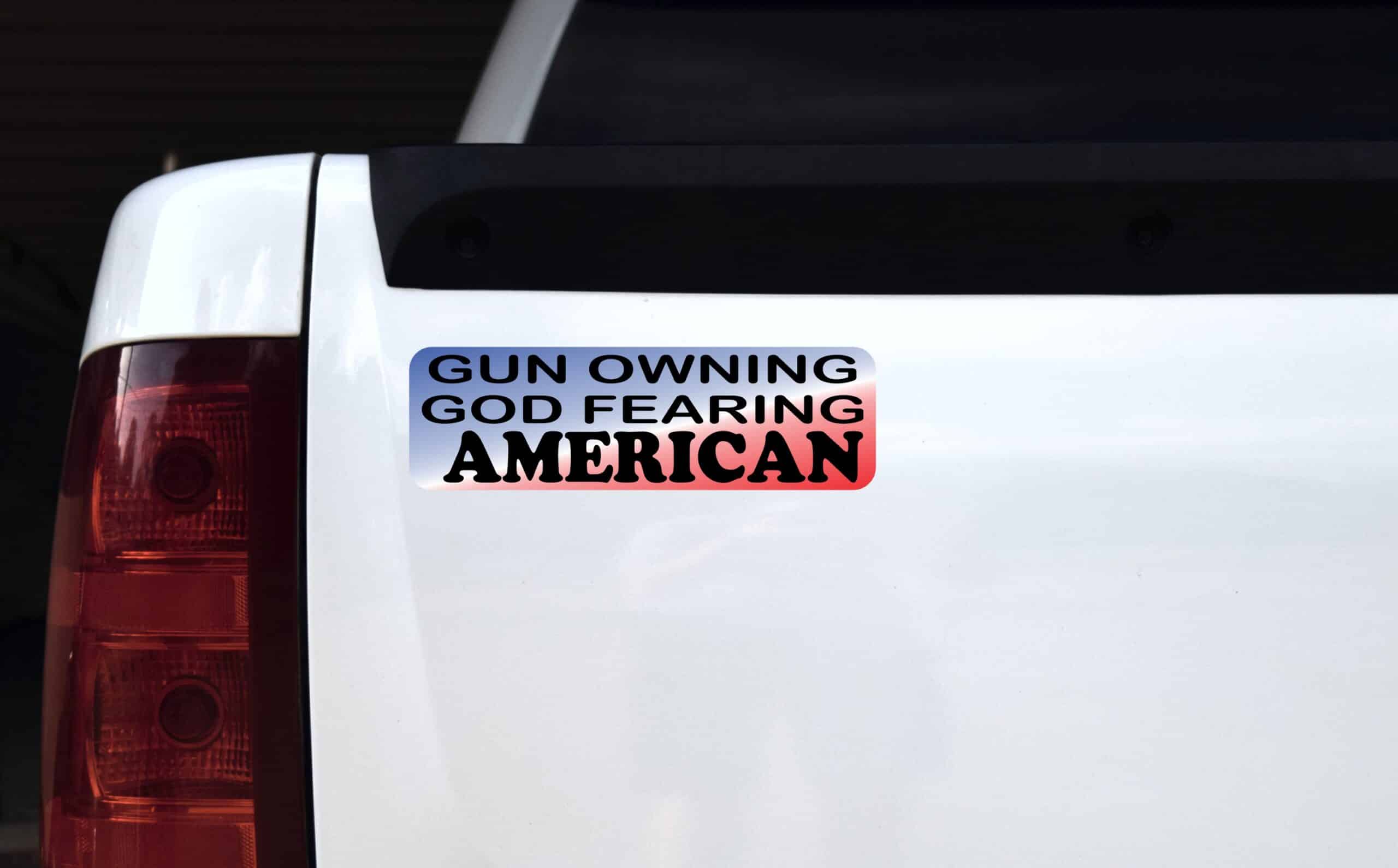 10in x 3in Gun Owning God Fearing American Bumper Sticker Political Car Decal