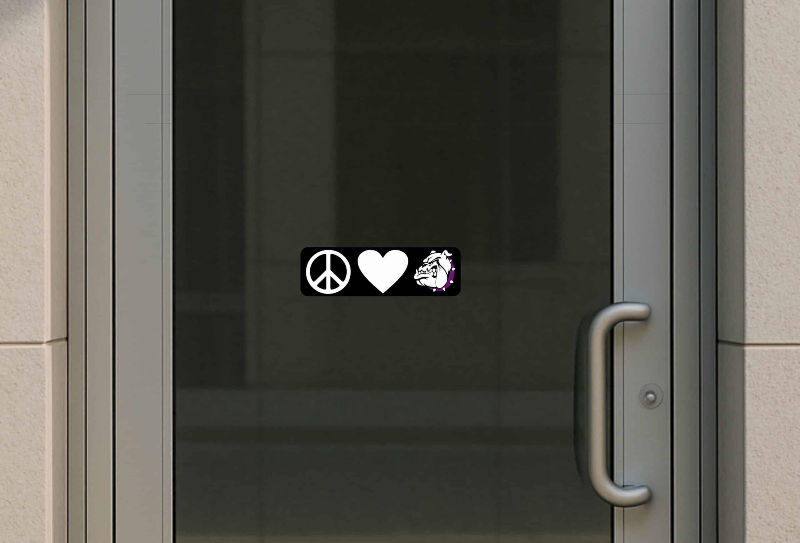 10in x 3in Purple Peace Love Bulldogs Bumper Sticker School Mascot Decal
