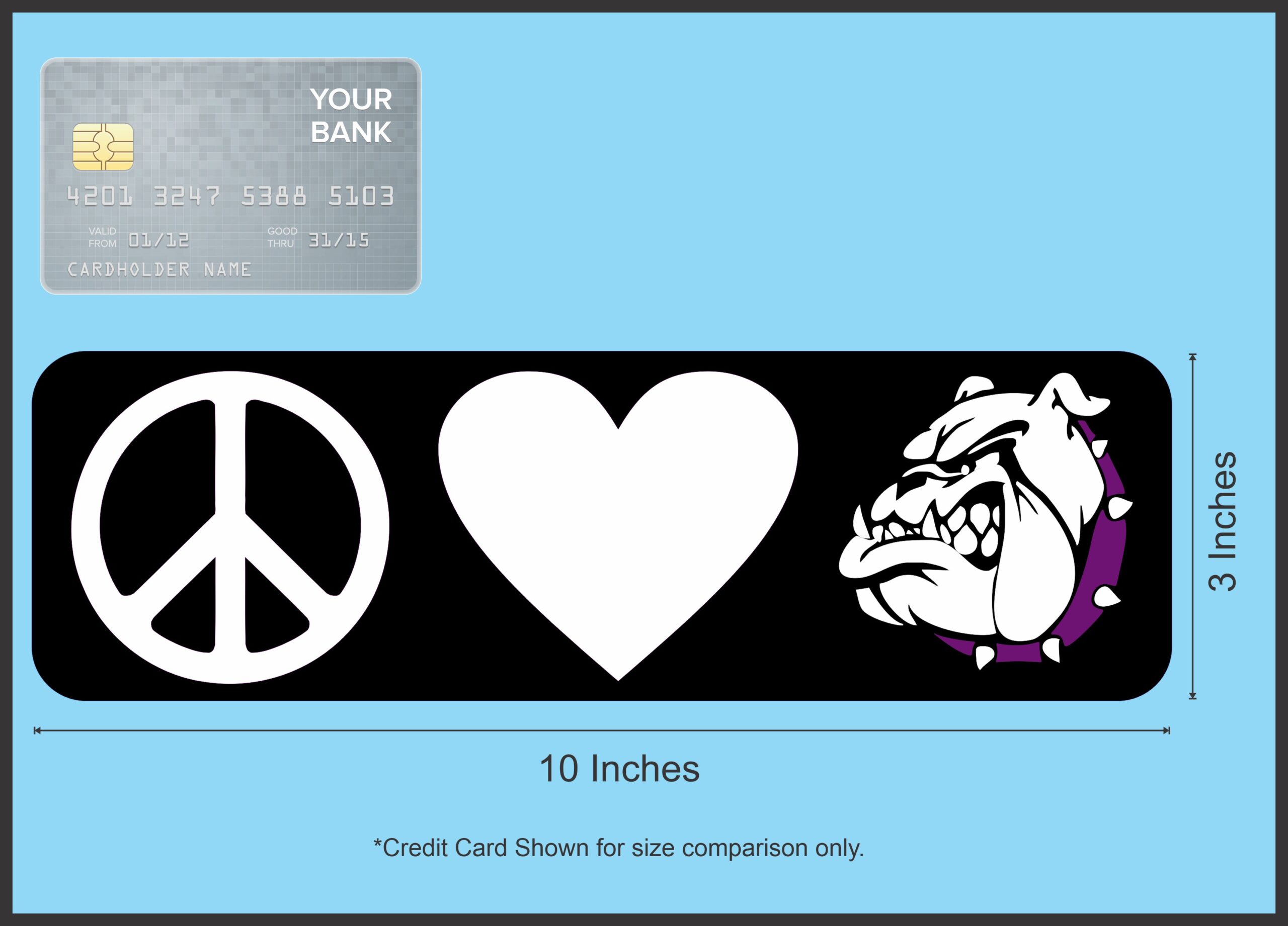10in x 3in Purple Peace Love Bulldogs Bumper Sticker School Mascot Decal
