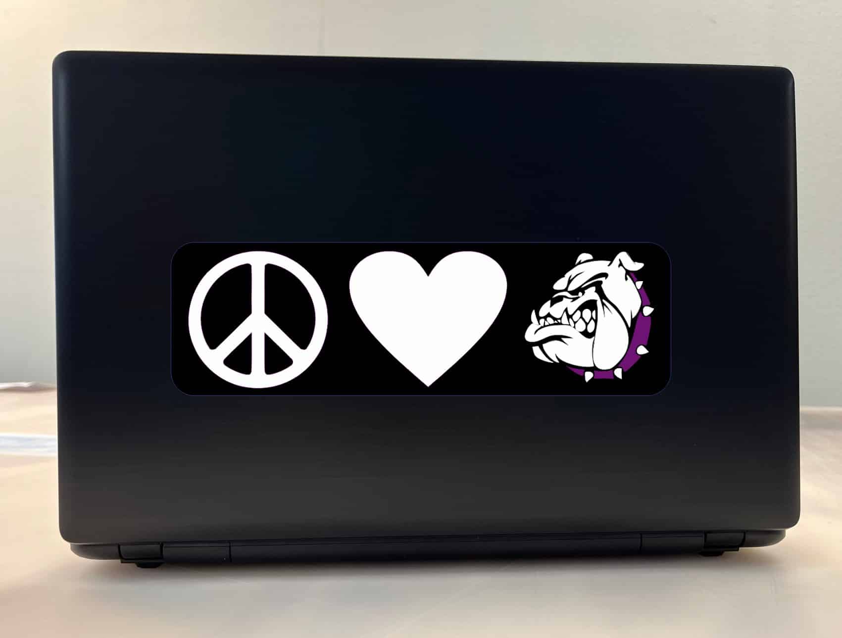 10in x 3in Purple Peace Love Bulldogs Bumper Sticker School Mascot Decal