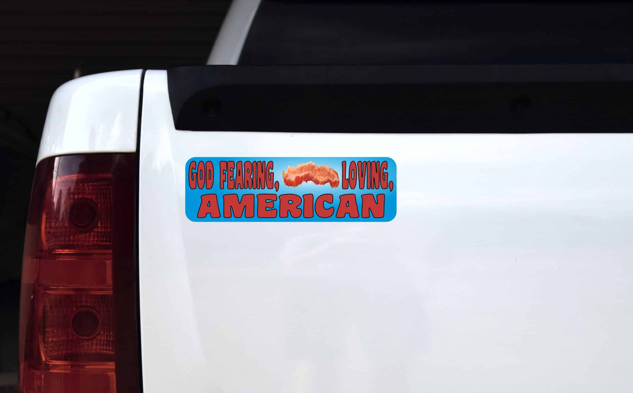 10in x 3in God Fearing Bacon Loving American Bumper Sticker Political Car Decal