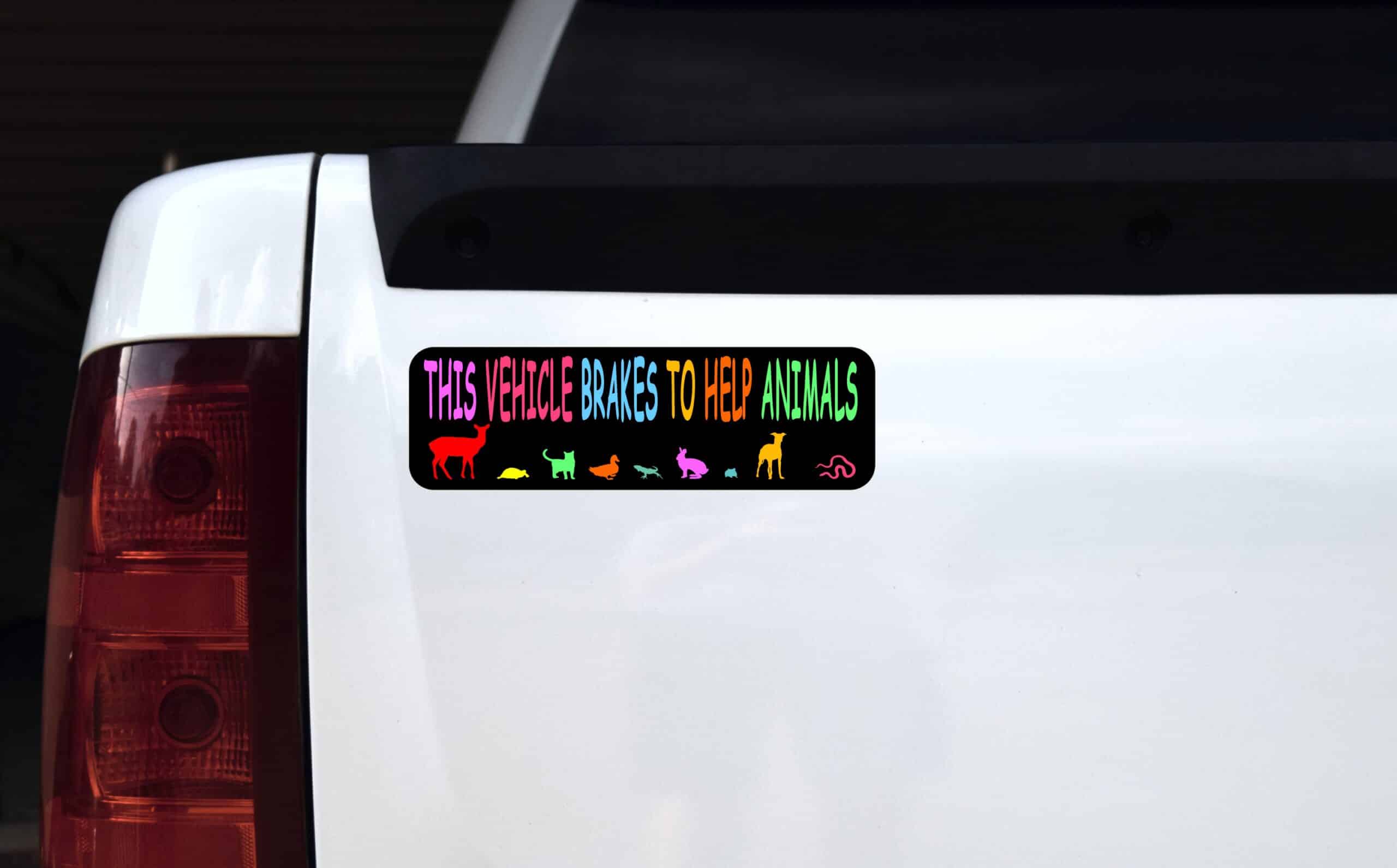 10in x 3in This Vehicle Brakes to Help Animals Bumper Sticker