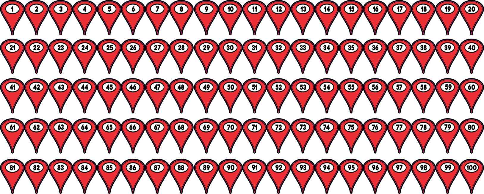1-100 Red Map Pointer Stickers