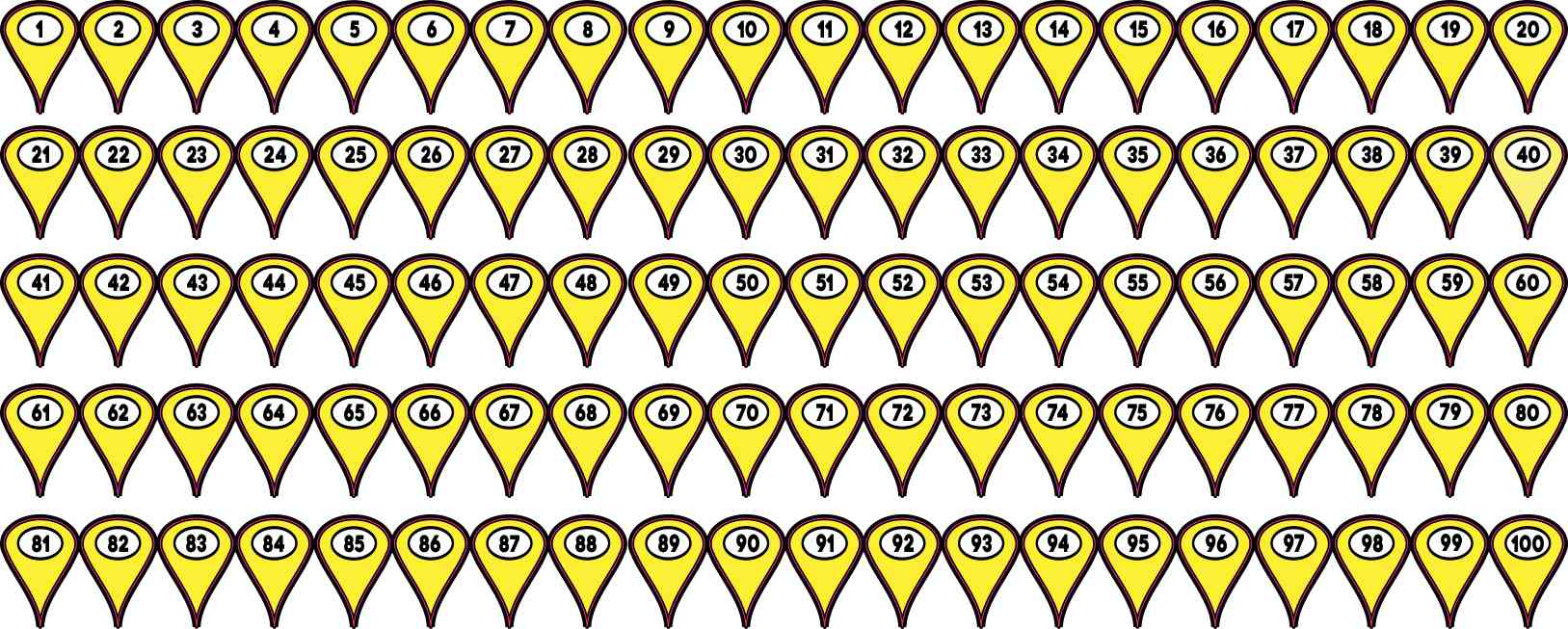 1-100 Yellow Map Pointer Stickers