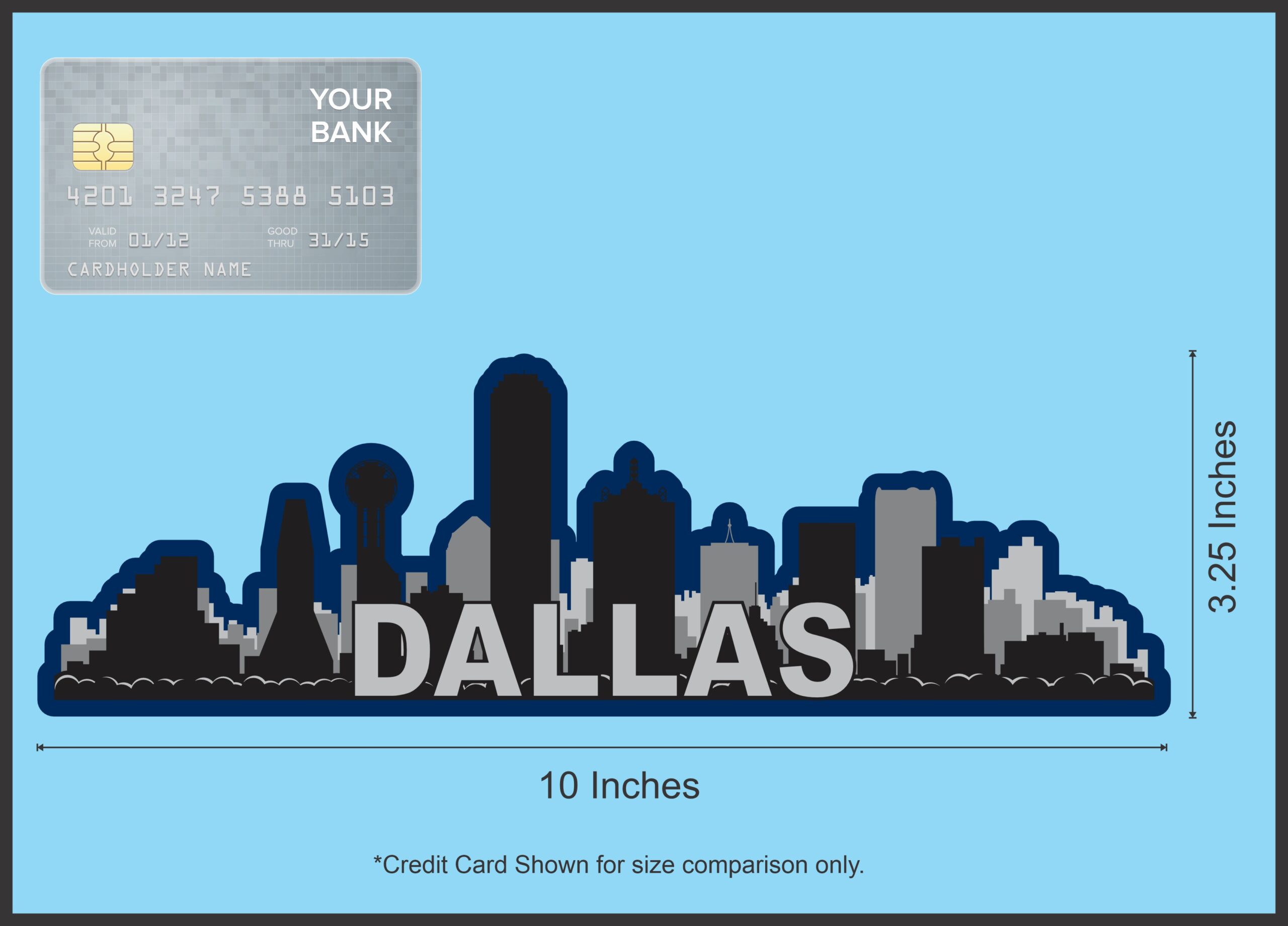 10in x 3.25in Blue Dallas Skyline Sticker