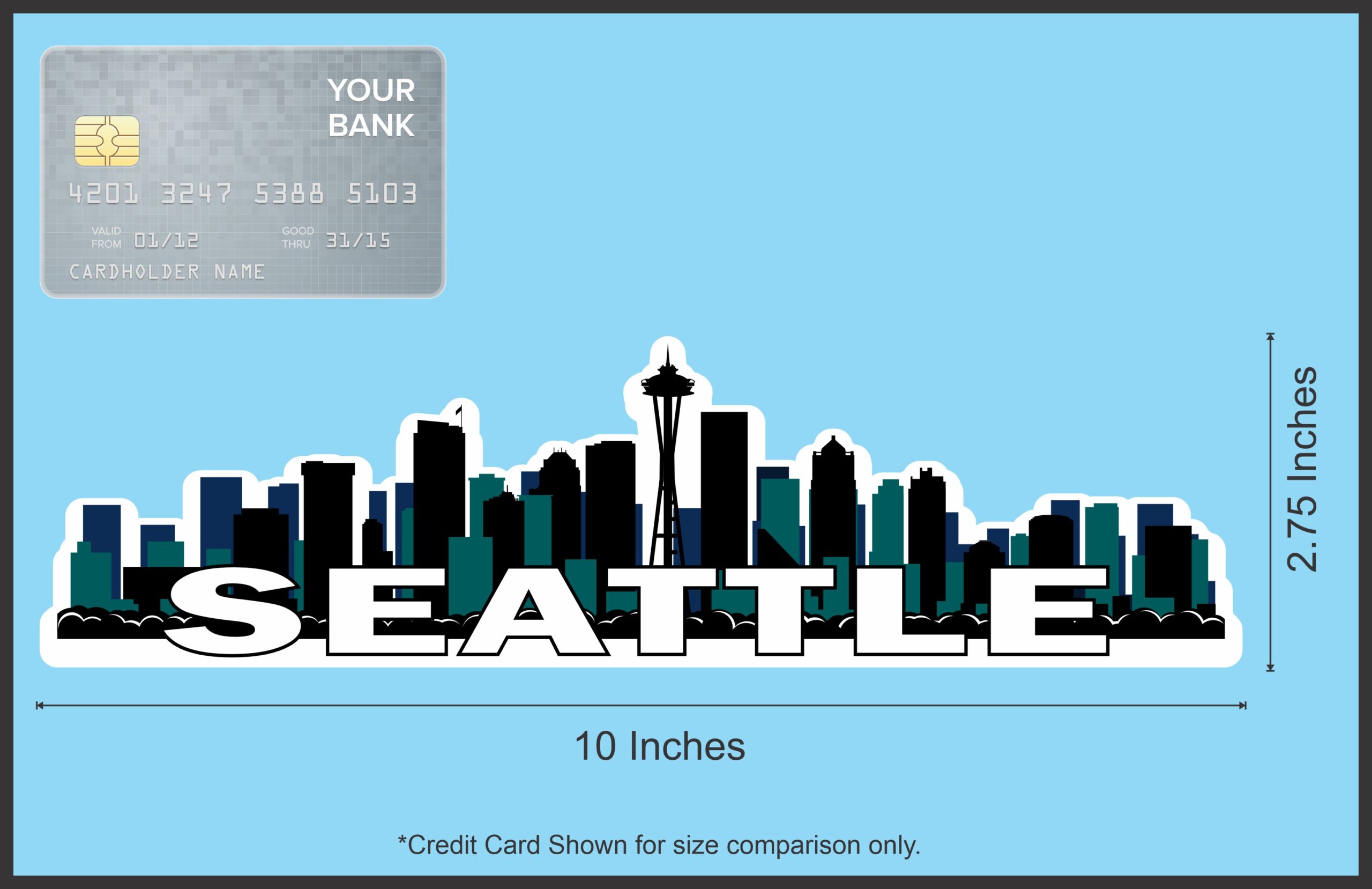 10in x 2.75in Blue and Green Seattle Skyline Sticker