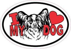 Red Papillon Oval I Love My Dog Sticker