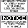 Driver Not Responsible for Items Left Behind Stickers