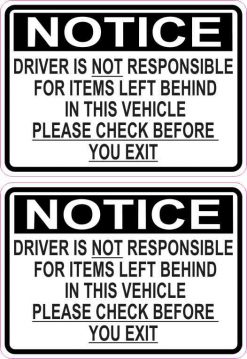 Driver Not Responsible for Items Left Behind Stickers
