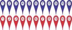 Numbered 0-10 Red and Blue Map Pointer Stickers