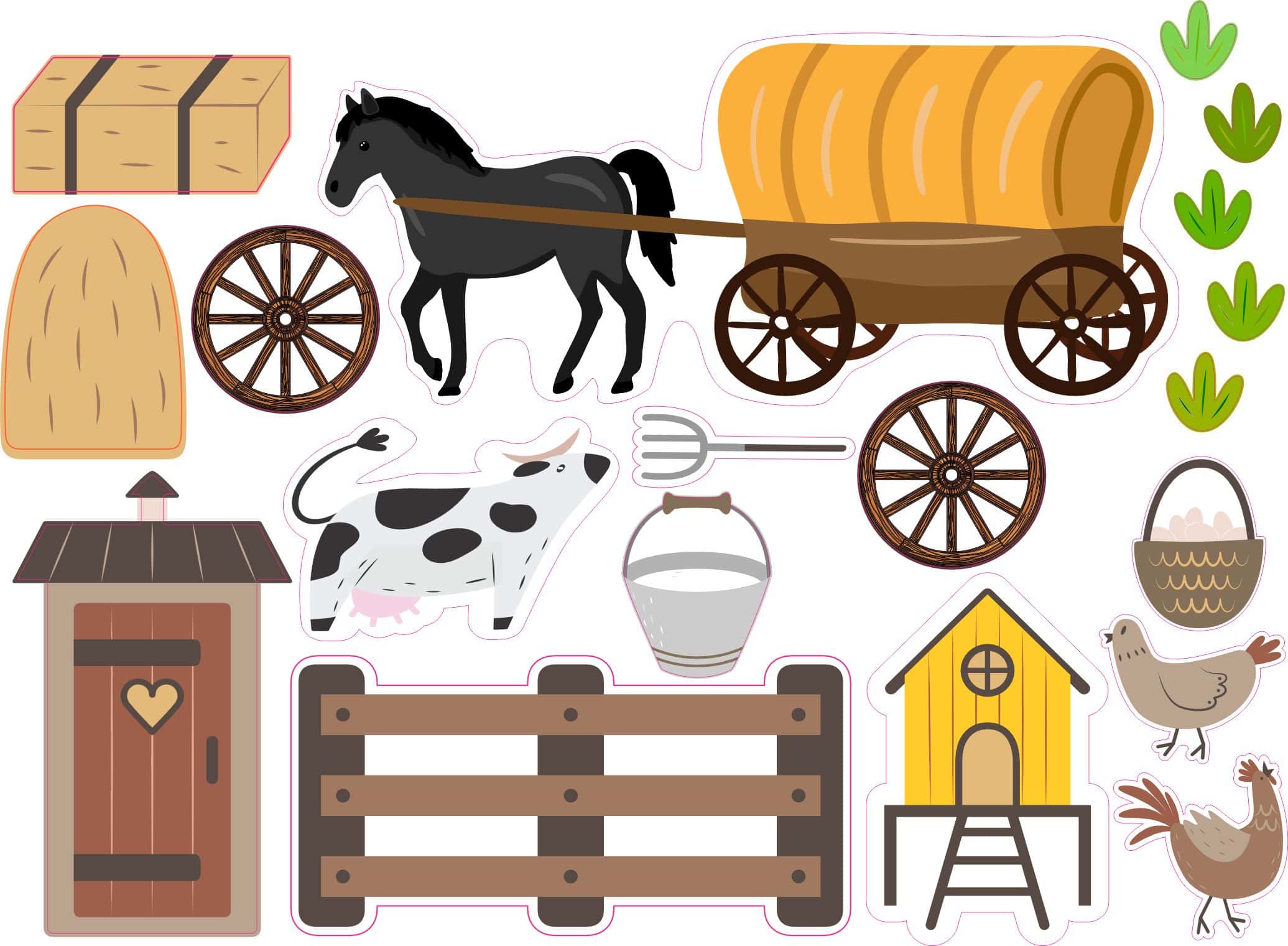 covered wagon, farm animals, rustic barn - vinyl removable sticker