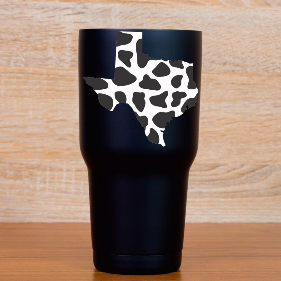 Texas state outline, Holstein cow print pattern, black spots on white background - vinyl removable sticker