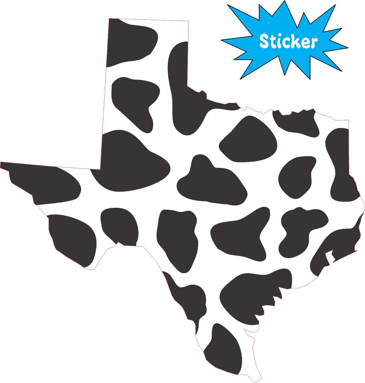 Texas state outline, Holstein cow print pattern, black spots on white background - vinyl removable sticker