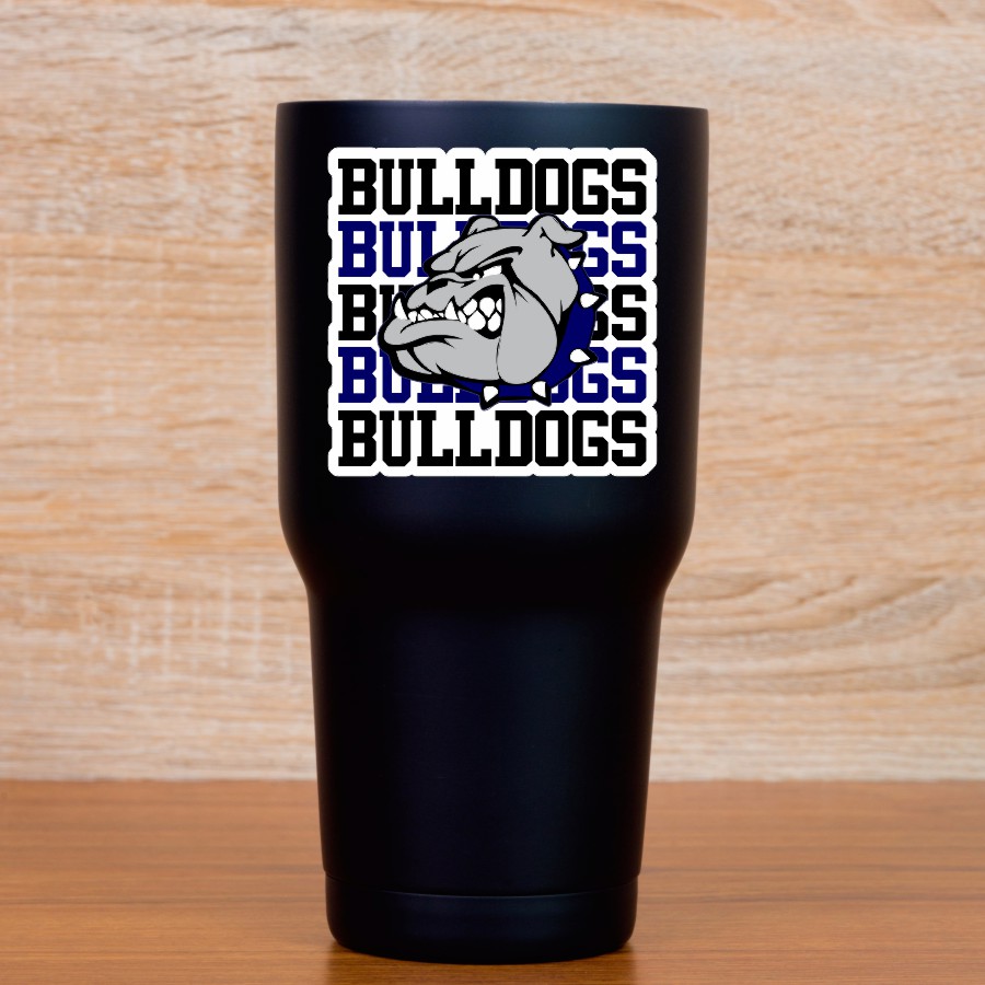 bulldog mascot head, repeated BULLDOGS text, fierce expression - vinyl removable sticker