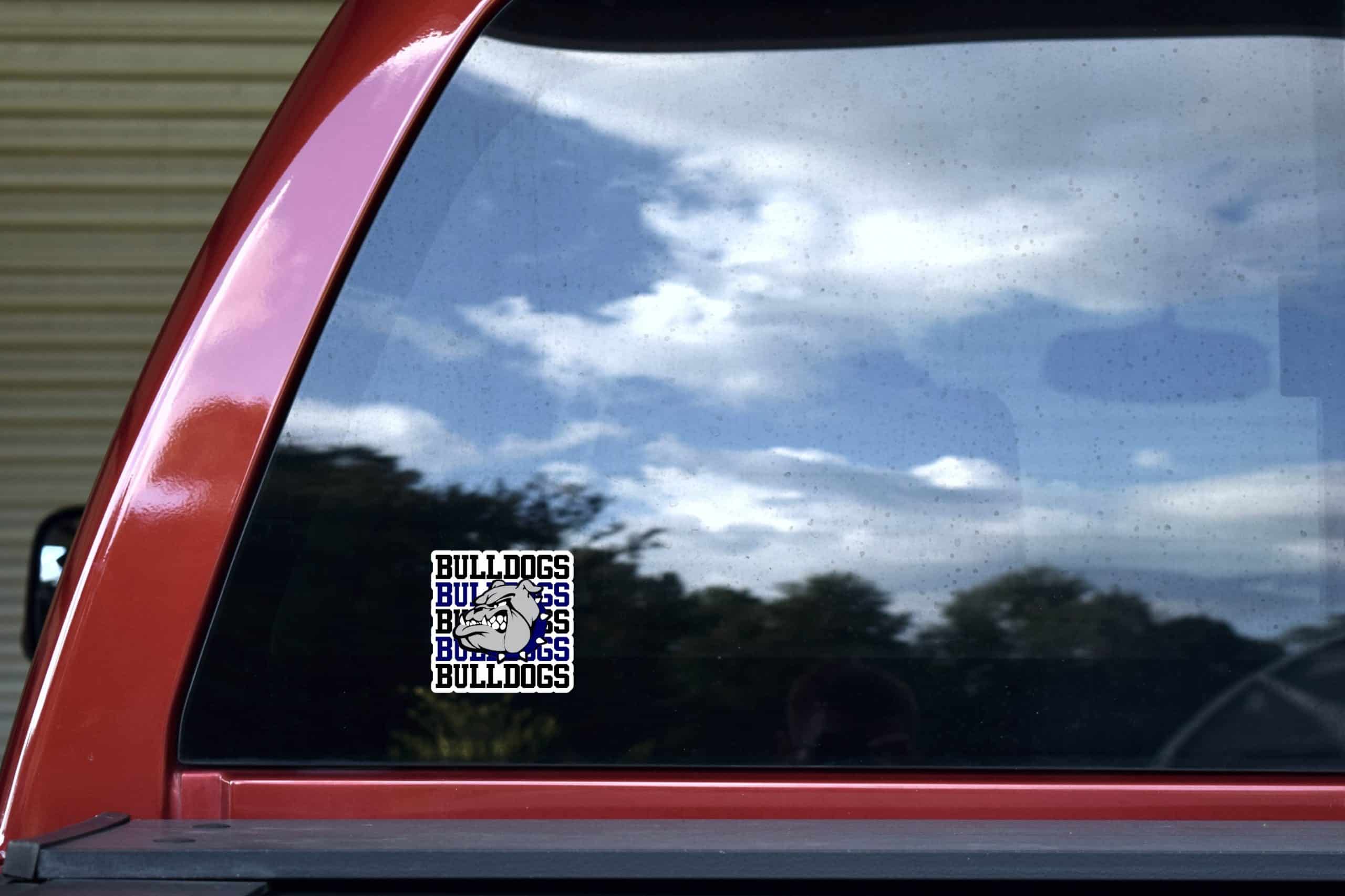 bulldog mascot head, repeated BULLDOGS text, fierce expression - vinyl removable sticker