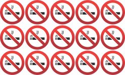 prohibition circle, diagonal line, cigarette icon - vinyl removable sticker