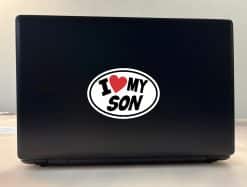 oval shape, bold typography, red heart symbol - vinyl removable sticker