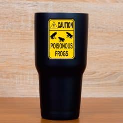 caution triangle, poison dart frog silhouettes, bold warning text - vinyl removable sticker