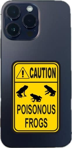 caution triangle, poison dart frog silhouettes, bold warning text - vinyl removable sticker