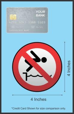 circular prohibition symbol, red diagonal line, diving figure silhouette - vinyl removable sticker