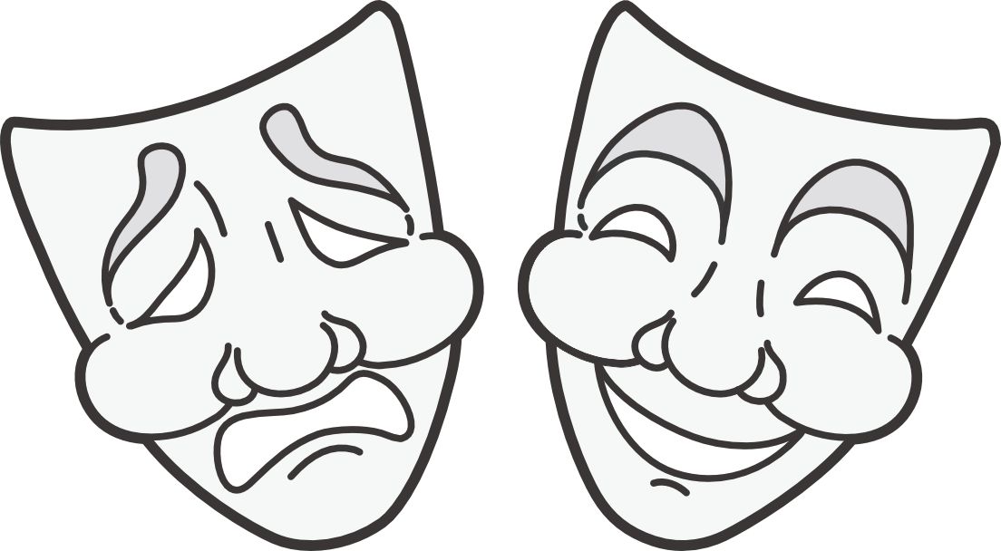 comedy mask with smile, tragedy mask with tears, black line art - vinyl removable sticker