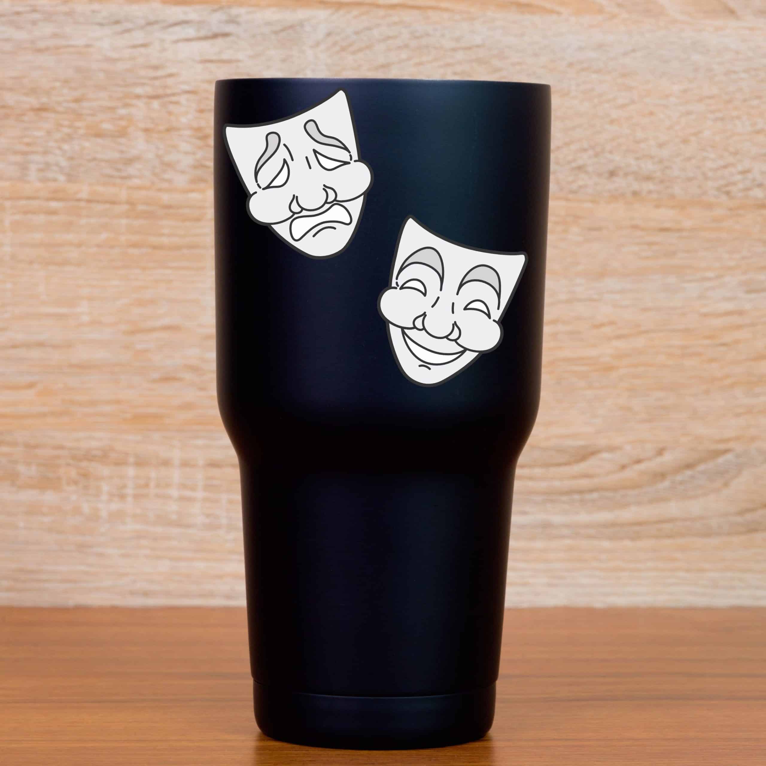 comedy mask with smile, tragedy mask with tears, black line art - vinyl removable sticker