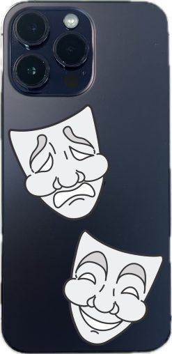 comedy mask with smile, tragedy mask with tears, black line art - vinyl removable sticker