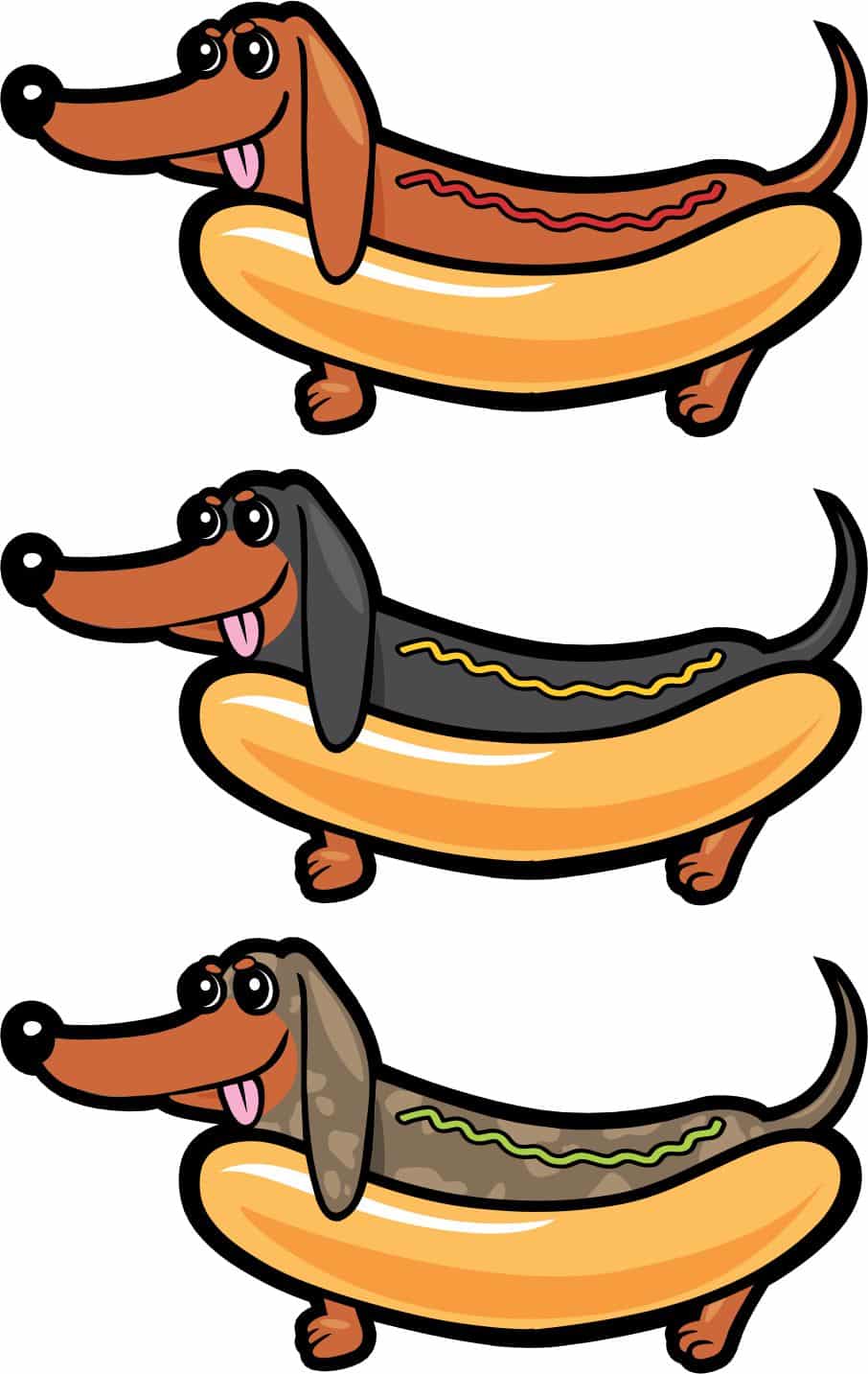 cartoon dachshunds, hot dog buns, condiment squiggles - vinyl removable sticker