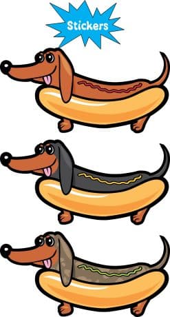 cartoon dachshunds, hot dog buns, condiment squiggles - vinyl removable sticker