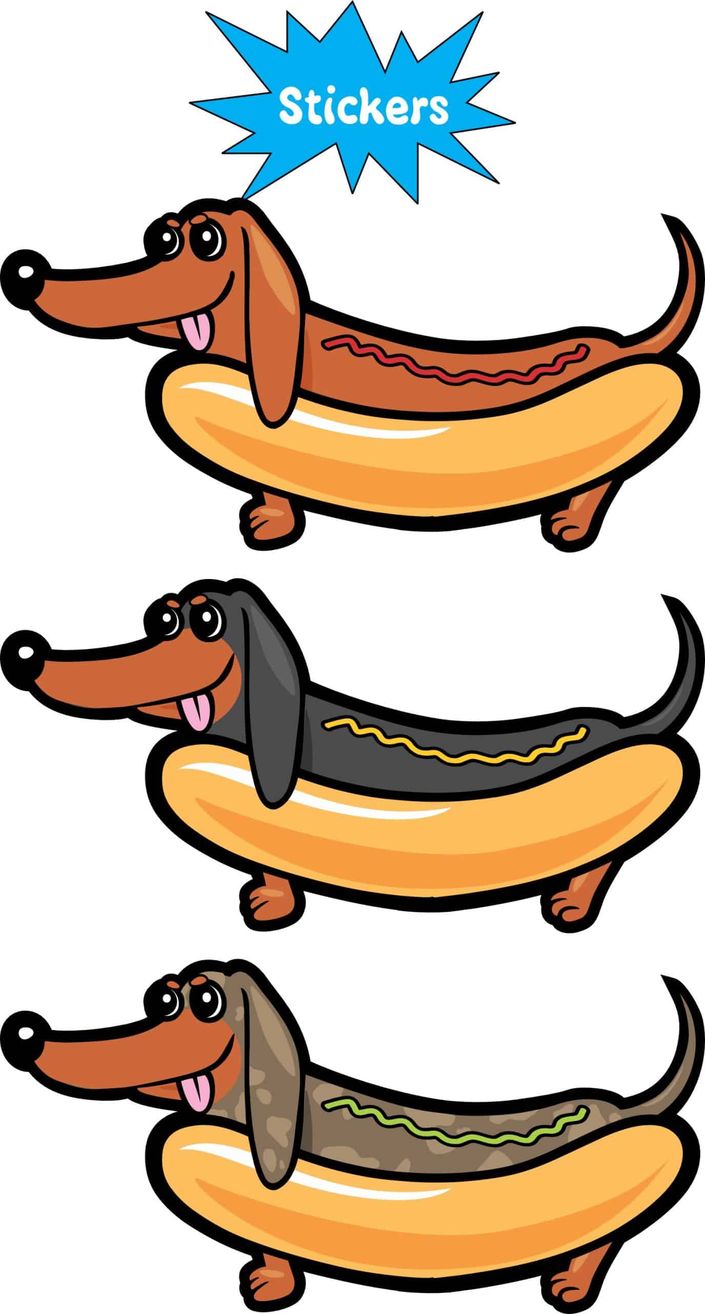 cartoon dachshunds, hot dog buns, condiment squiggles - vinyl removable sticker