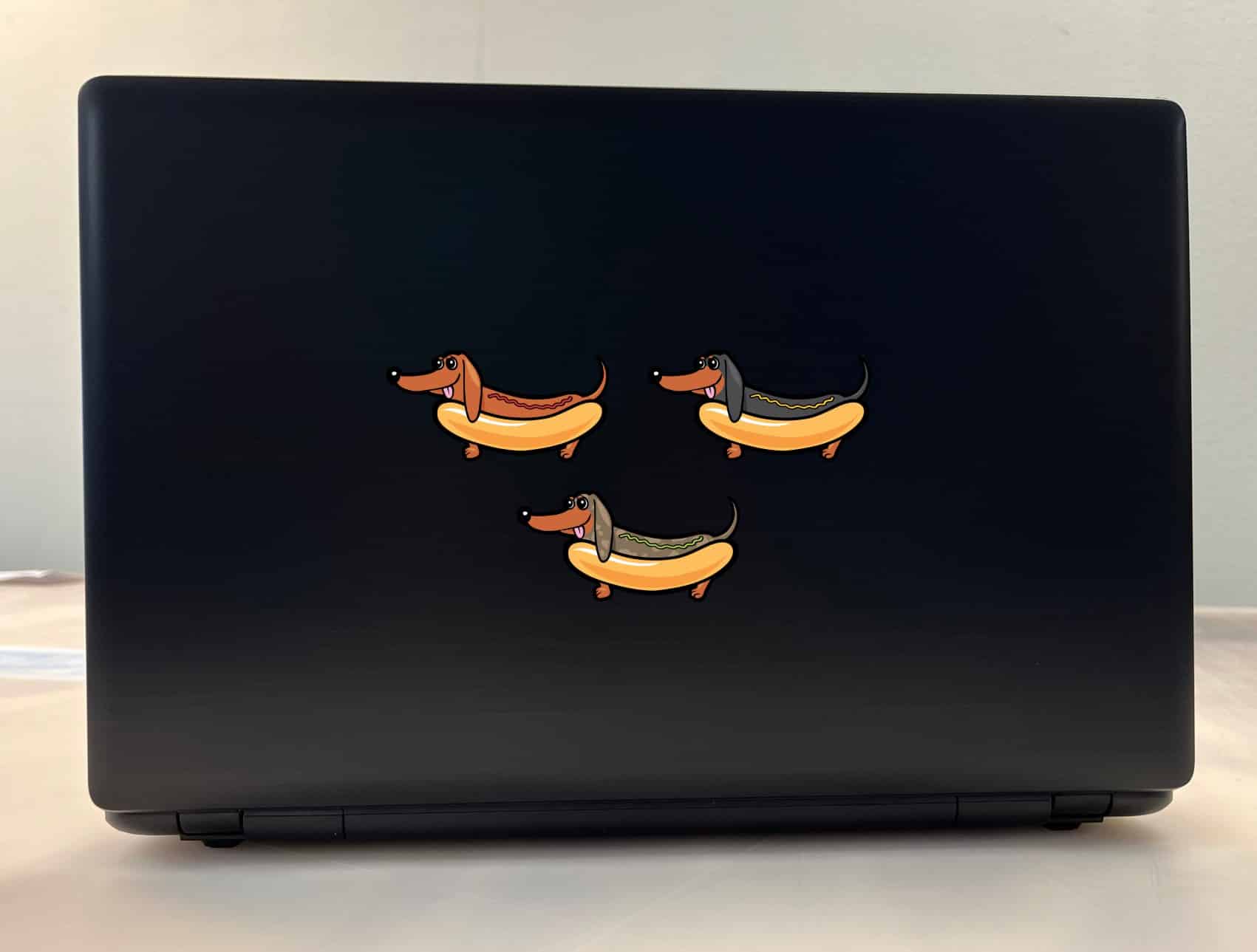 cartoon dachshunds, hot dog buns, condiment squiggles - vinyl removable sticker