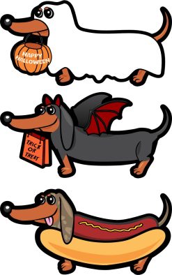 cartoon dachshunds, Halloween costumes, pumpkin basket - vinyl removable sticker
