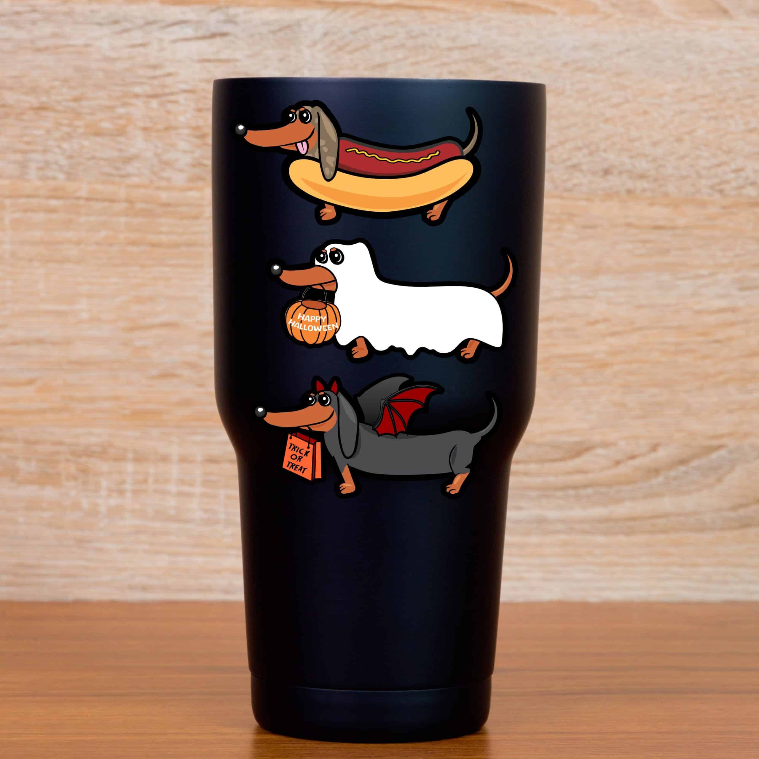 cartoon dachshunds, Halloween costumes, pumpkin basket - vinyl removable sticker